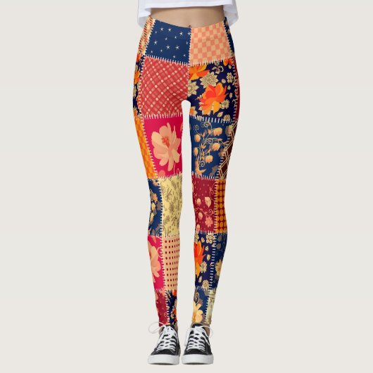 Patchwork Charm: Bloemen & Geometrische Mix Leggings (Voorkant)