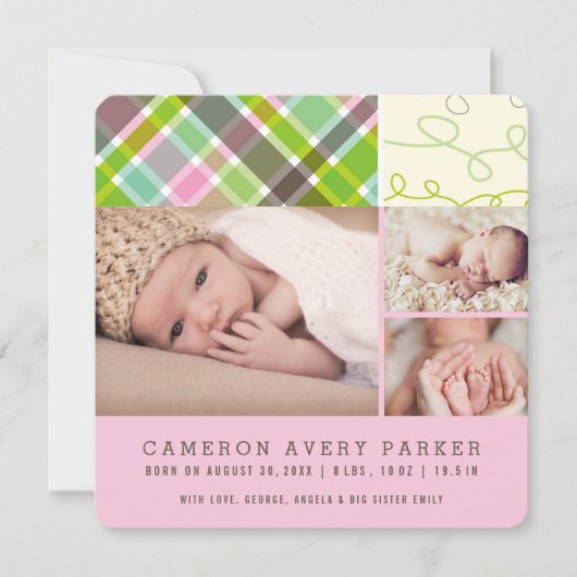 Patchwork Checks Baby Girl Birth Announcement Kaar Aankondiging (Voorkant)