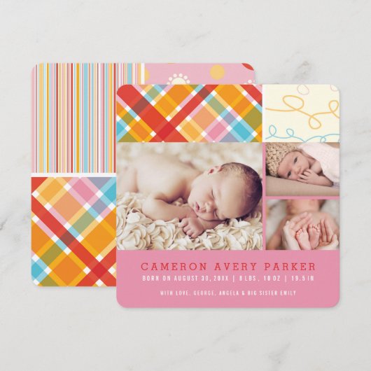 Patchwork Checks Baby Girl Birth Announcement Kaar Aankondiging (Voorkant / Achterkant)