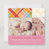 Patchwork Checks Baby Girl Birth Announcement Kaar Aankondiging (Voorkant)