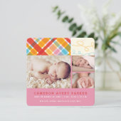 Patchwork Cheques Baby Meisje Geboorte Aankondigin Aankondiging (Staand voorkant)