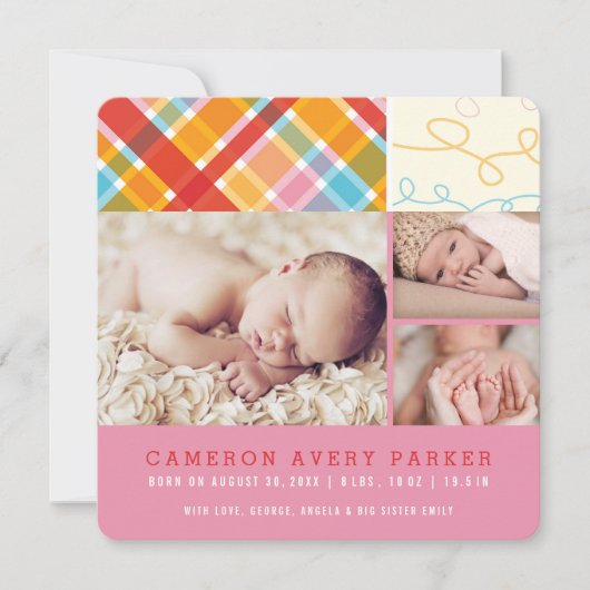 Patchwork Cheques Baby Meisje Geboorte Aankondigin Aankondiging (Voorkant)