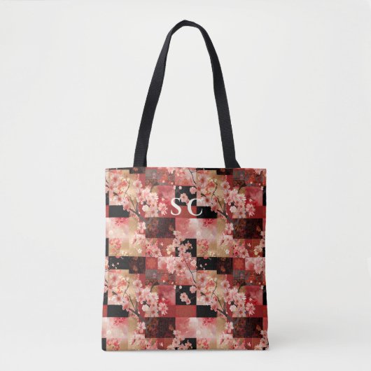 Patchwork Cherry Blossom en stof-geïnspireerd Tote Bag (Voorkant)