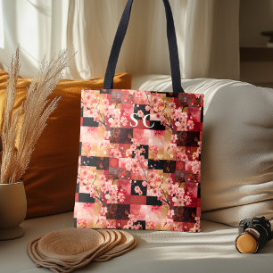 Patchwork Cherry Blossom en stof-geïnspireerd Tote Bag