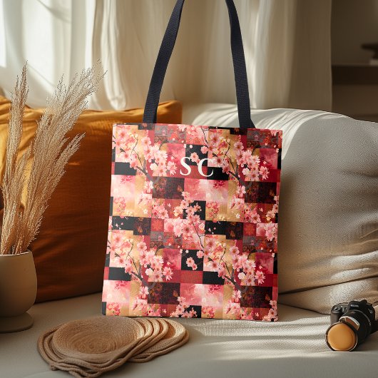 Patchwork Cherry Blossom en stof-geïnspireerd Tote Bag