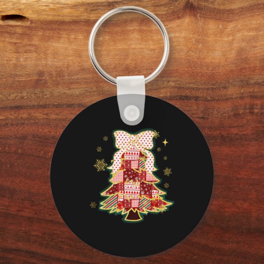 Patchwork Christmas Tree Coquette Bow Xmas Holiday Sleutelhanger (Voorkant)