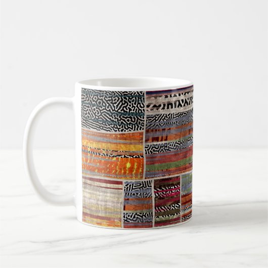 Patchwork collage: gemengd quiltpatroon. koffiemok (Links)
