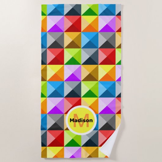 Patchwork Colorful geometrisch patroon Monogram Strandlaken (Voorkant)