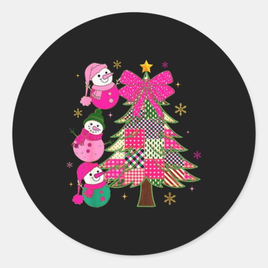 Patchwork Coquette Bow Xmas Snowman Holiday Christ Ronde Sticker (Voorkant)