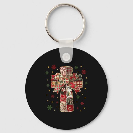 Patchwork Cross Christian Christmas Coquette Bow Sleutelhanger (Voorkant)