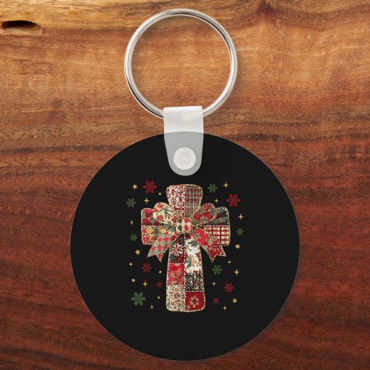 Patchwork Cross Christian Christmas Coquette Bow Sleutelhanger (Voorkant)