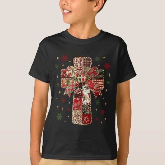 Patchwork Cross Christian Christmas Coquette Bow T-shirt (Voorkant)