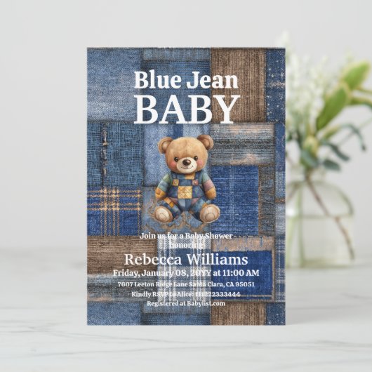 Patchwork Denim Bear Toy Blue Jean Baby Shower Kaart (Staand voorkant)