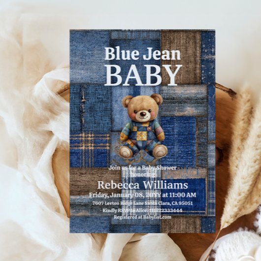 Patchwork Denim Bear Toy Blue Jean Baby Shower Kaart