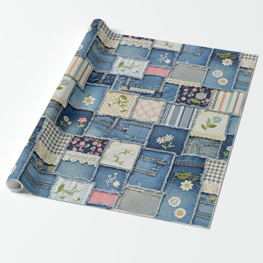 Patchwork Denim Cadeaupapier (Uitgerold)