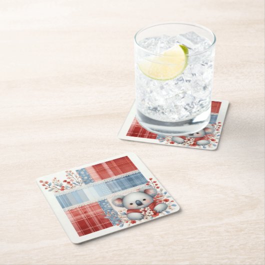 Patchwork Denim Koala Square Paper Coasters Kartonnen Onderzetters (Insitu)