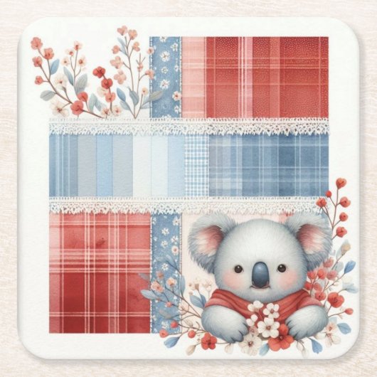 Patchwork Denim Koala Square Paper Coasters Kartonnen Onderzetters (Voorkant)