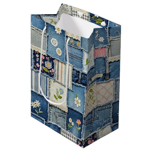Patchwork Denim Medium Cadeauzakje (Voorkant Gekanteld)