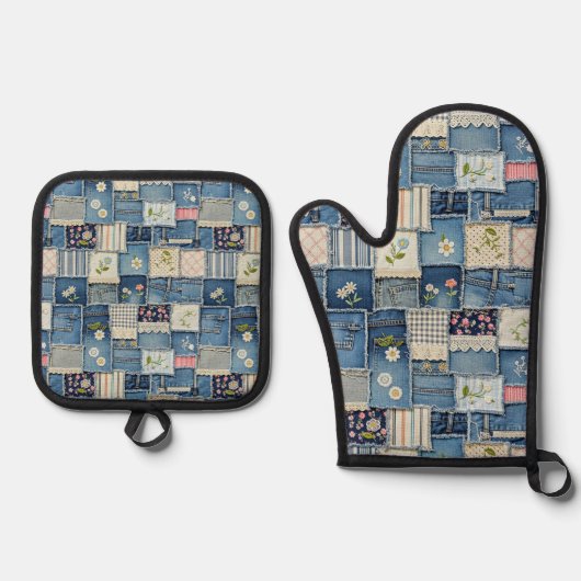 Patchwork Denim Ovenwant & Pannenlap Set (Voorkant)