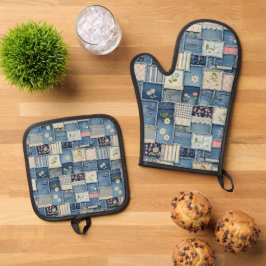 Patchwork Denim Ovenwant & Pannenlap Set