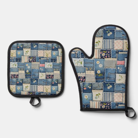 Patchwork Denim Ovenwant & Pannenlap Set (Voorkant)