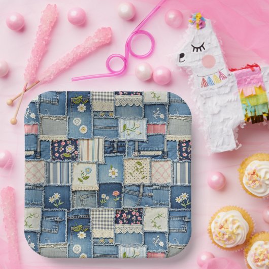 Patchwork Denim Papieren Bordje (Feest)