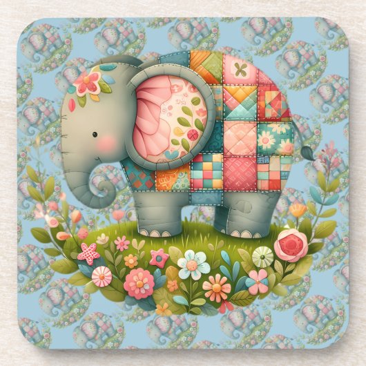 Patchwork Elephant Floral Meadow Charm Bier Onderzetter (Voorkant)