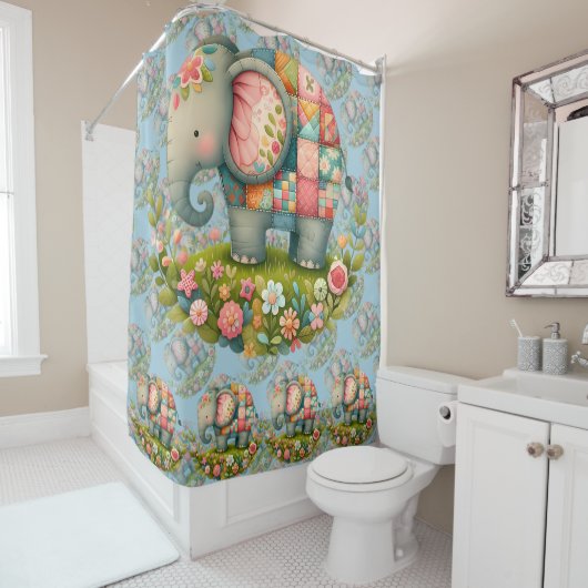 Patchwork Elephant Floral Meadow Charm Douchegordijn (In situ)