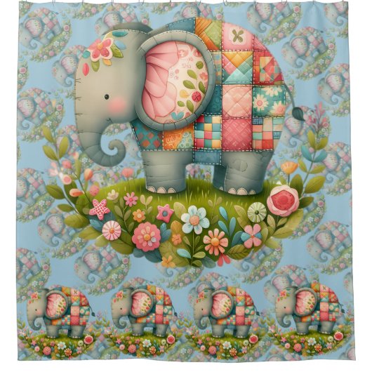 Patchwork Elephant Floral Meadow Charm Douchegordijn (Voorkant)