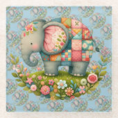 Patchwork Elephant Floral Meadow Charm Glazen Onderzetter (Voorkant)