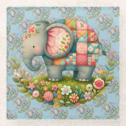 Patchwork Elephant Floral Meadow Charm Glazen Onderzetter (Voorkant)