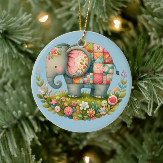 Patchwork Elephant Floral Meadow Charm Keramisch Ornament (Boom)
