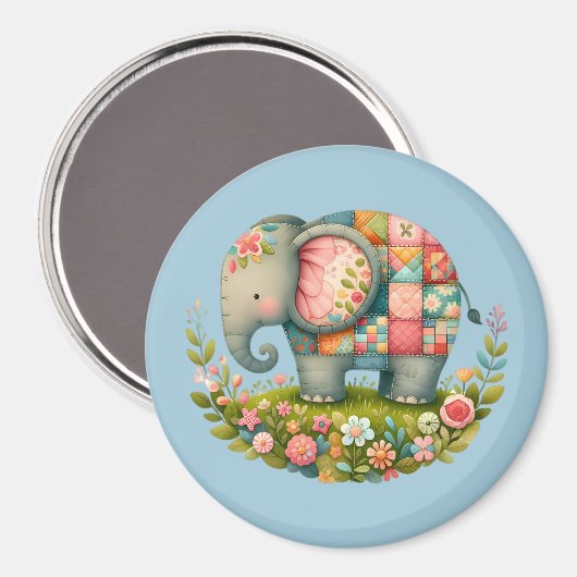 Patchwork Elephant Floral Meadow Charm Magneet (Voorkant / Achterkant)