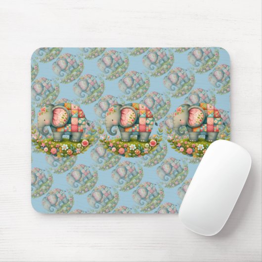 Patchwork Elephant Floral Meadow Charm Muismat (Met muis)