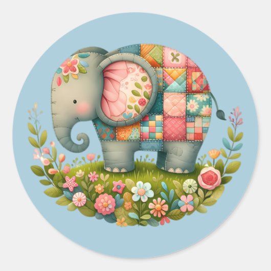 Patchwork Elephant Floral Meadow Charm Ronde Sticker (Voorkant)