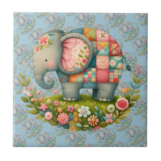 Patchwork Elephant Floral Meadow Charm Tegeltje (Voorkant)