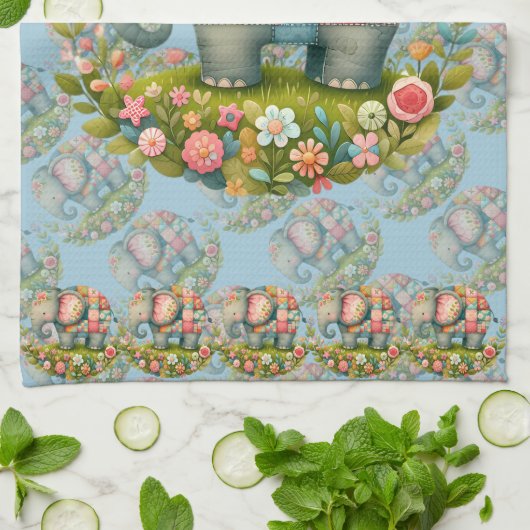 Patchwork Elephant Floral Meadow Charm Theedoek (Gevouwen)
