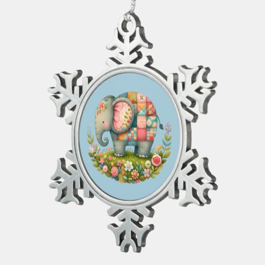 Patchwork Elephant Floral Meadow Charm Tin Sneeuwvlok Ornament (Rechts)