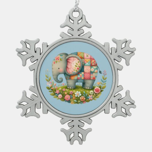 Patchwork Elephant Floral Meadow Charm Tin Sneeuwvlok Ornament (Voorkant)