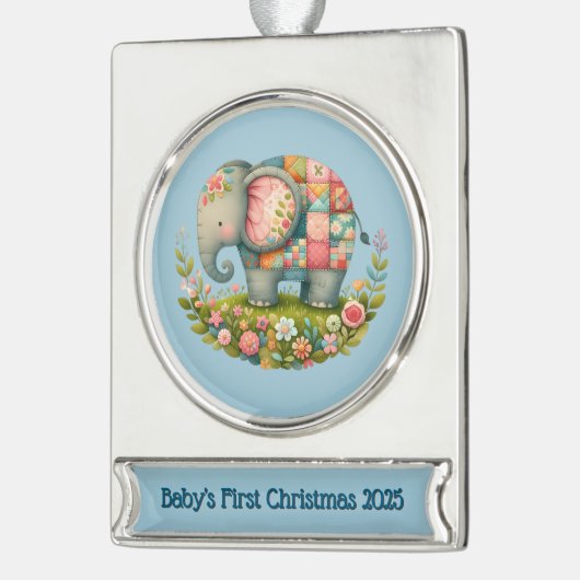 Patchwork Elephant Floral Meadow Charm Verzilverd Banner Ornament (Links)