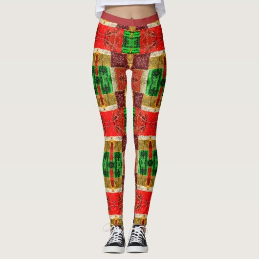Patchwork Fabric Afdrukken Oranje Groen Gold Styli Leggings (Voorkant)