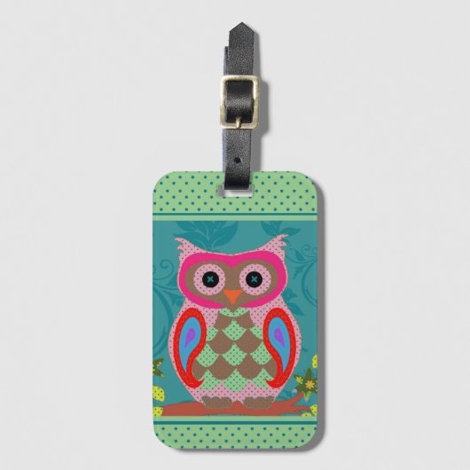 Patchwork Folk Art Owl en Stippen Bagagelabel (Voorkant (verticaal))
