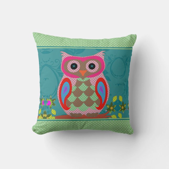 Patchwork Folk Art Owl en Stippen Kussen (Voorkant)