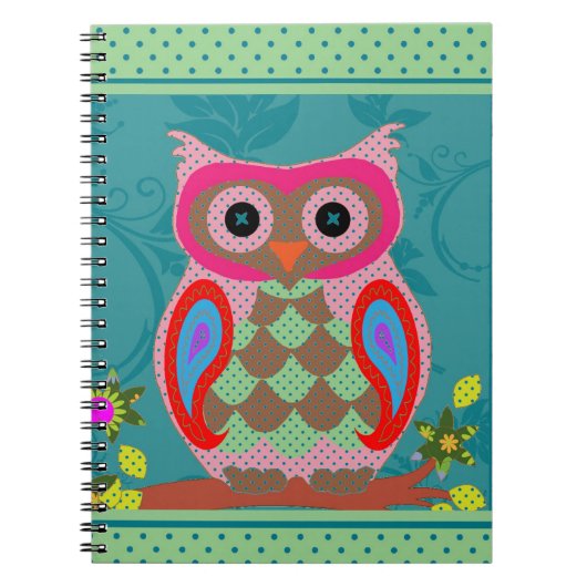 Patchwork Folk Art Owl en Stippen Notitieboek (Voorkant)