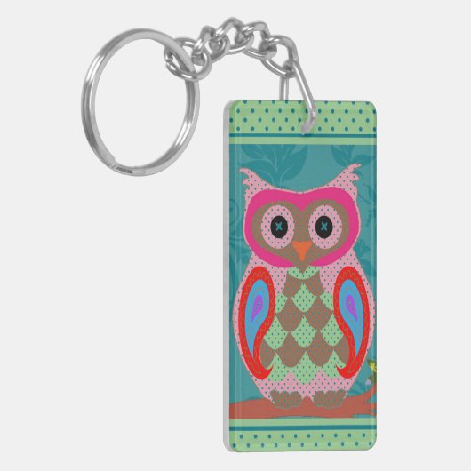 Patchwork Folk Art Owl en Stippen Sleutelhanger (Voorkant Links)
