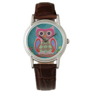 Patchwork Folk Art Owl Horloge