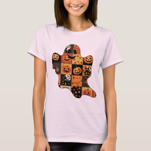 Patchwork Ghost Halloween T-Shirt – Gezellig Gewat (Voorkant)