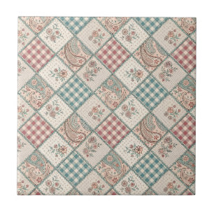 Patchwork Gingham & Quilted Paisley Geruite Kunst Tegeltje