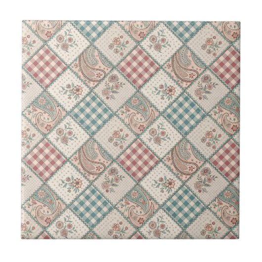 Patchwork Gingham & Quilted Paisley Geruite Kunst Tegeltje (Voorkant)