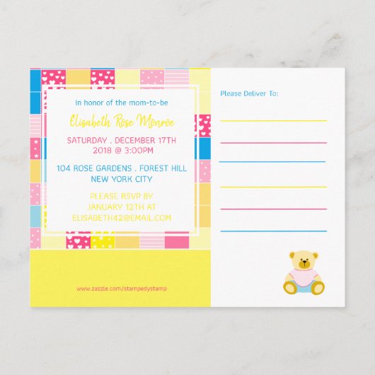 Patchwork Gold Beer, Baby shower uitnodiging (Achterkant)